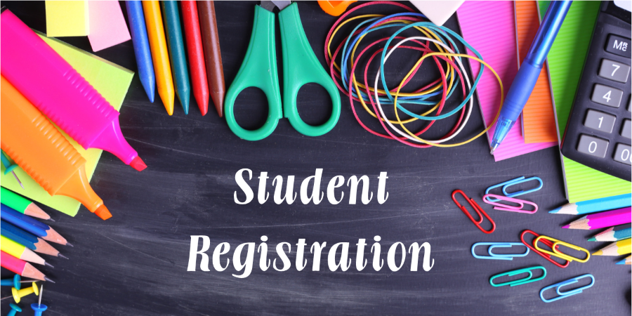 Student Registration picture with colorful school supplies